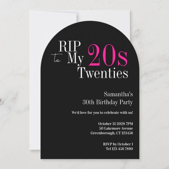 Invitación RIP 20s Cumpleaños 30 Negro Rosa (Anverso)