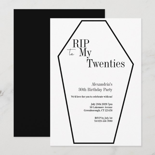 Invitación RIP 20s Cumpleaños 30 Simple Negro Blanco (Anverso / Reverso)