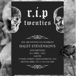 Invitación RIP 20s Veinteañera Divertida Funeral Cráneo Cumpl