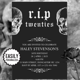 Invitación RIP 20s Veinteañera divertida Funeral de cráneo Cu