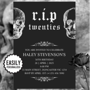 Invitación RIP 20s Veinteañera divertida Funeral de cráneo Cu