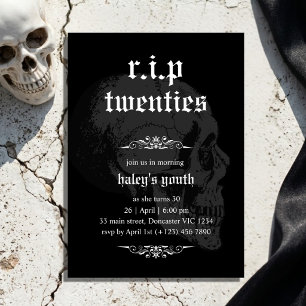Invitación RIP 20s Veinteañero Cráneo Gótico Funeral Cumpleañ