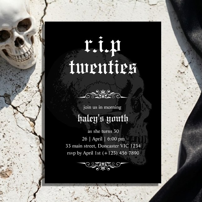 Invitación RIP 20s Veinteañero Cráneo Gótico Funeral Cumpleañ (Subido por el creador)