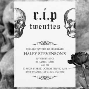 Invitación RIP 20s Veinteañeros divertidos Funeral de cráneo