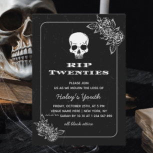 Invitación RIP 20s Veintes Cráneo Floral Negro Cumpleaños 30