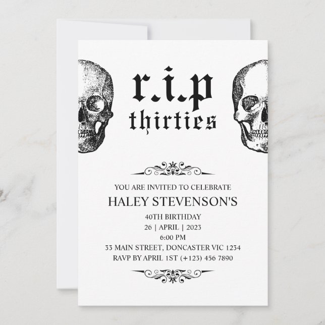 Invitación RIP 30 Cumpleaños 40 Esqueleto Divertido Funeral (Anverso)