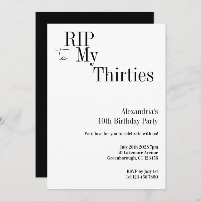 Invitación RIP 30s 40th Birthday Minimal Party (Anverso / Reverso)