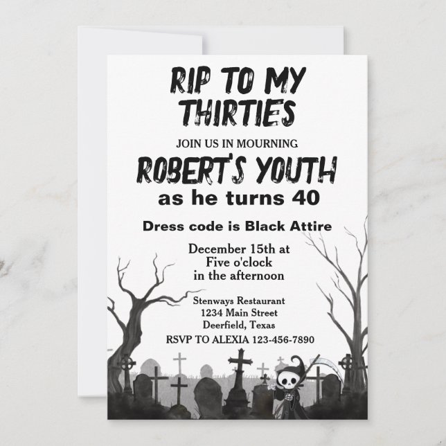 Invitación RIP a mis treinta o fiesta de cumpleaños de cualqu (Anverso)