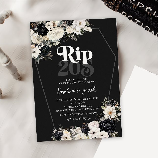 Invitación Rip floral 20's Death to my Youth 30th Birthday (Subido por el creador)