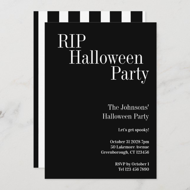 Invitación RIP Halloween Party Black and White Stripe (Anverso / Reverso)