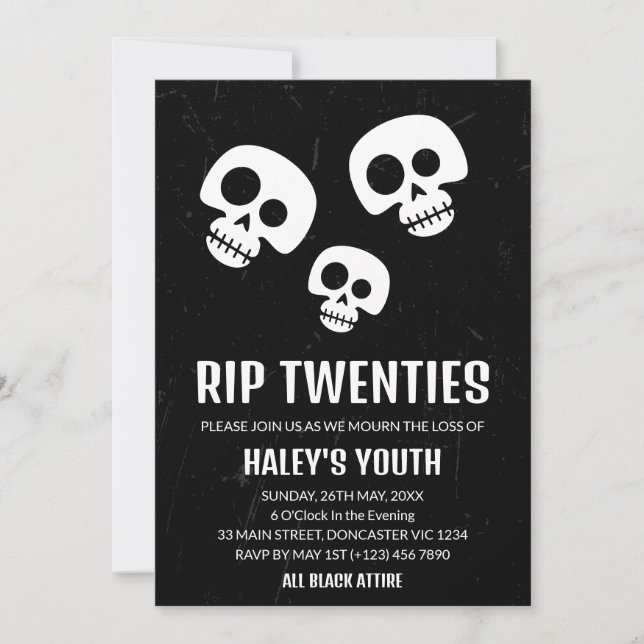 Invitación RIP Veinteañera Calavera Divertida Cumpleaños 30 (Anverso)