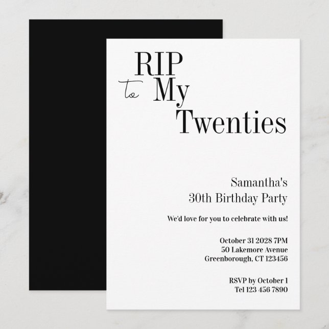 Invitación RIP Veintes Cumpleaños 30 Minimal (Anverso / Reverso)