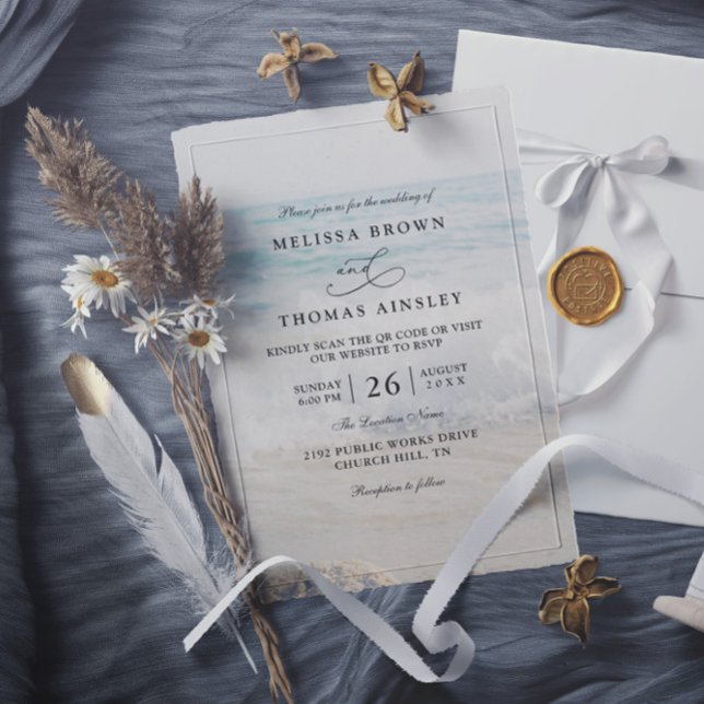 Invitación Rippled Sand Aqua Water Modern QR Code Wedding (Subido por el creador)