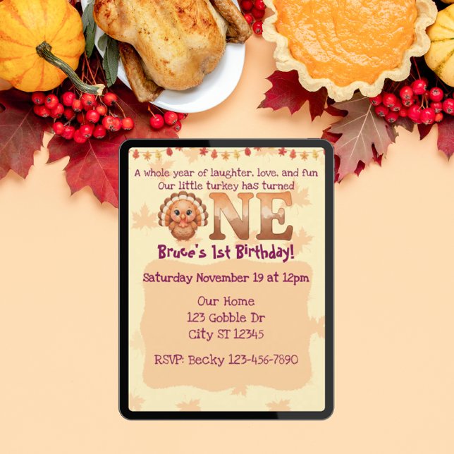 Invitación Risa, Amor, Diversión, pequeño pavo cumpleaños UNO (Subido por el creador)
