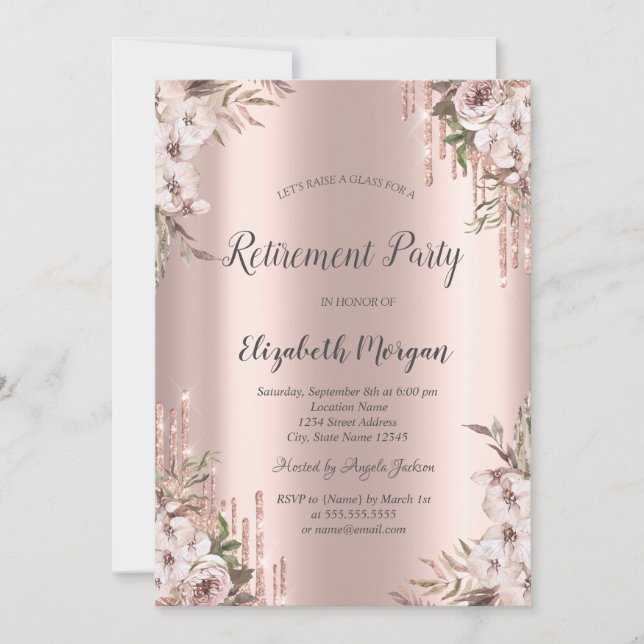 Invitación Risas Doradas con Flores Chic Jubilación (Anverso)