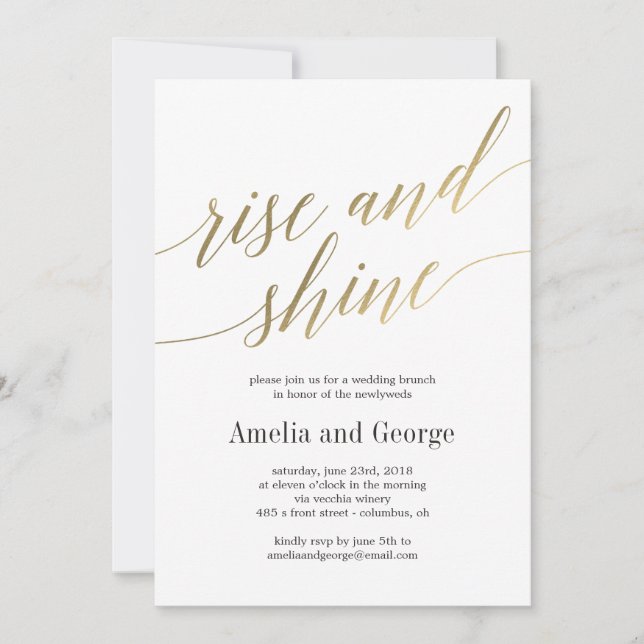 Invitación Rise and Shine Boda Brunch Faux Gold Script (Anverso)