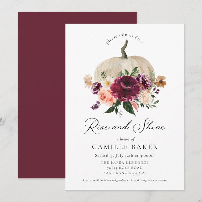 Invitación Rise and Shine Fall Pumpkin Burgundy Floral (Anverso / Reverso)