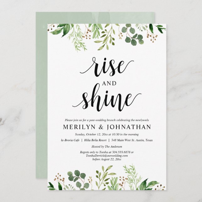 Invitación Rise and Shine, Green Post Boda Brunch (Anverso / Reverso)