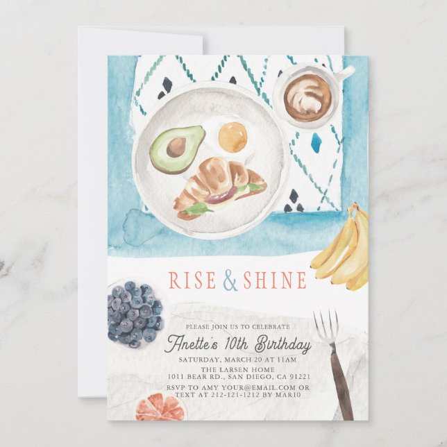 Invitación Rise & Shine Brunch PJ Watercolor Kids Cumpleaños (Anverso)