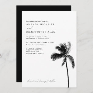 Invitación Riviera Maya Boda Black & White Beach Palm Tree