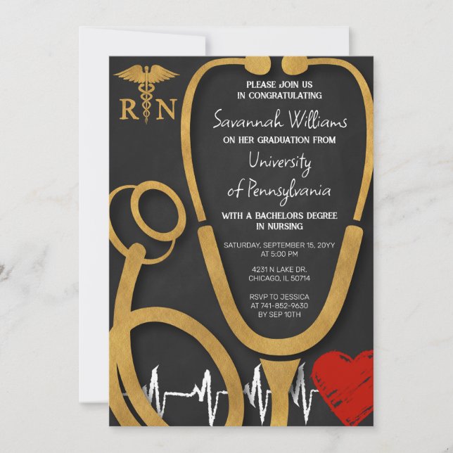 Invitación RN Enfermería Graduación Celebración Negro y oro (Anverso)