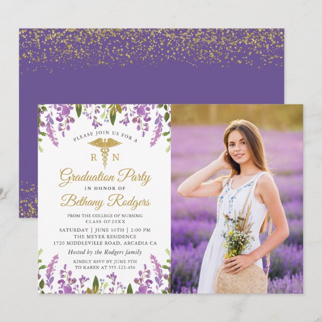 Invitación RN Enfermería Graduación Oro Morado Floral Foto (Anverso / Reverso)
