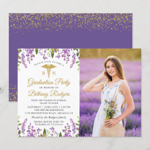 Invitación RN Enfermería Graduación Oro Morado Floral Foto