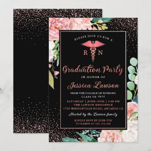 Invitación RN Enfermería Graduación Partido Rosa Dorado Flora