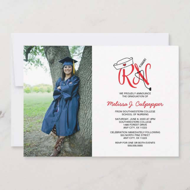 Invitación RN fiesta de graduación de foto de enfermeras/rojo (Anverso)