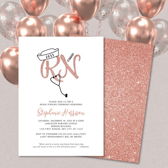 Invitación RN graduación de enfermería rosa de ordeño de oro (Subido por el creador)