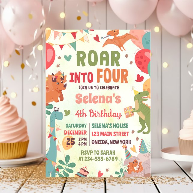 Invitación Roar a cuatro dinosaurios cuarto Fiesta de cumplea (Subido por el creador)