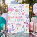 Invitación Roar a cuatro dinosaurios rosados cuarto Fiesta de<br><div class="desc">Colección Dino-Roarsome! Viaje en el tiempo con nuestra bonita colección de dinosaurios,  diseñada para hacer que su pequeño cumpleaños se vuelva ruidoso!</div>