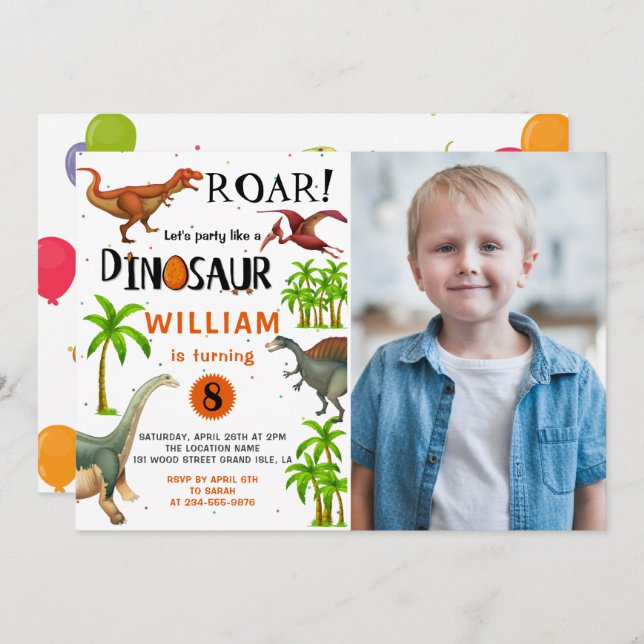 Invitación Roar Boys Dinosaur Birthday Jungle Fiesta (Anverso / Reverso)