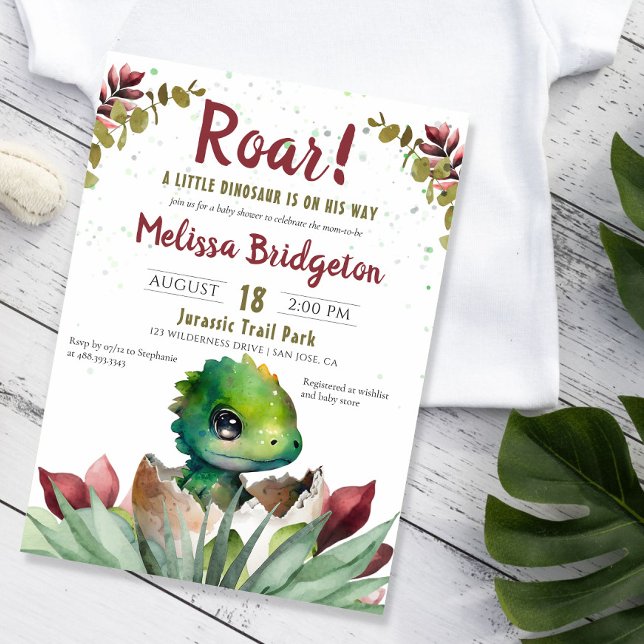 Invitación Roar Cuate Dinosaur Baby Watercolor Shower (a little dinosaur is on his way invite)