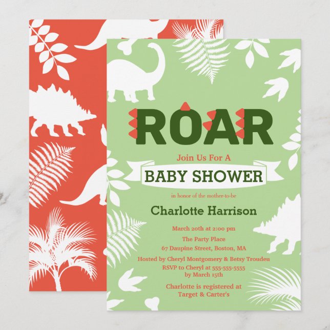 Invitación Roar Dinosaurio y Jungle Foliage Baby Shower (Anverso / Reverso)