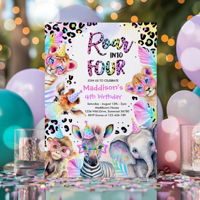 Invitación Roar en cuatro cumpleaños del leopardo Chica rosad (Subido por el creador)