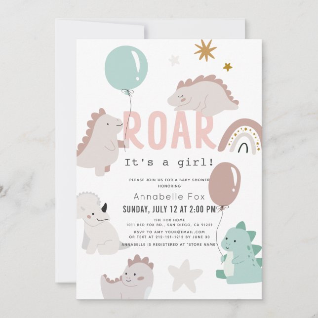 Invitación Roar es un Baby Shower de dinosaurios rosados Chic (Anverso)