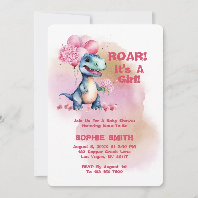 Invitación Roar es un dinosaurio bebé Chica T-Rex (Anverso)