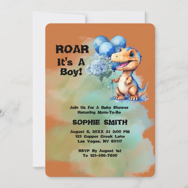 Invitación Roar Es Un Niño Baby Shower De Dinosaurios T-Rex (Anverso)