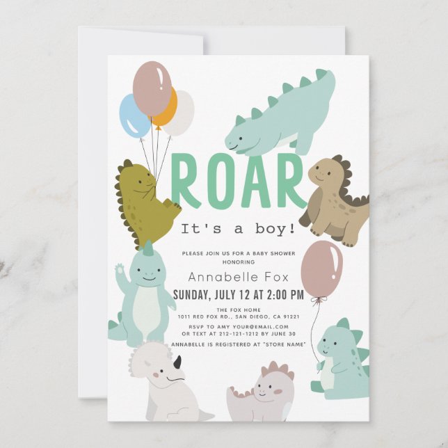 Invitación Roar es un niño de dinosaurio Baby Shower (Anverso)