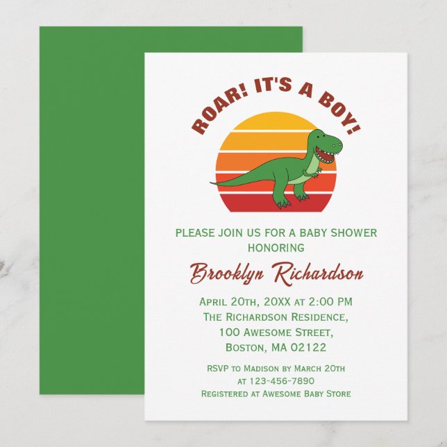 Invitación Roar Es Un Niño Retro Baby Shower De Dinosaurios S (Anverso / Reverso)
