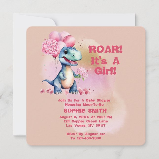 Invitación Roar es un rosa de dinosaurio bebé Chica T-Rex (Anverso)