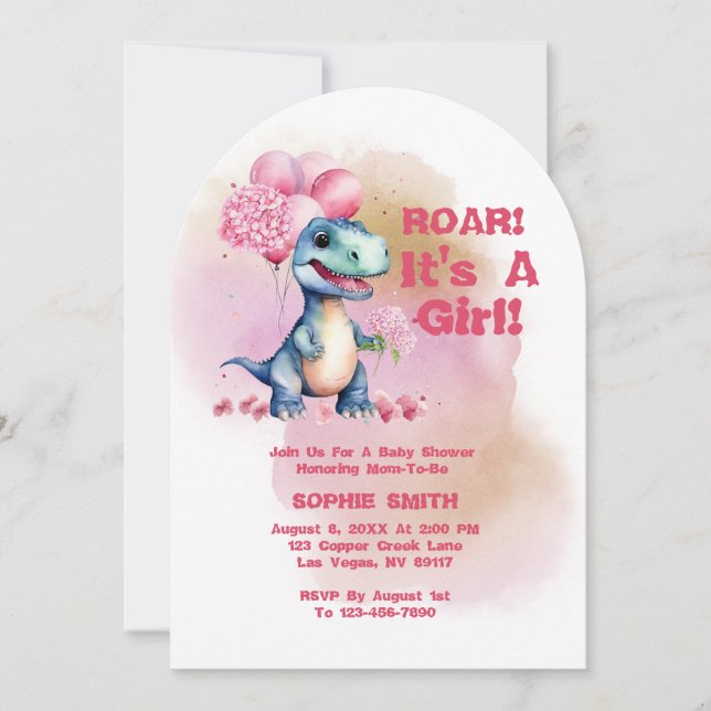 Invitación Roar es un rosa de dinosaurio bebé Chica T-Rex (Anverso)