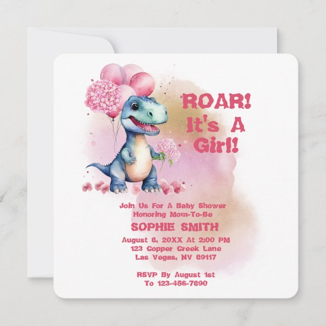 Invitación Roar es un rosa de dinosaurio bebé Chica T-Rex (Anverso)