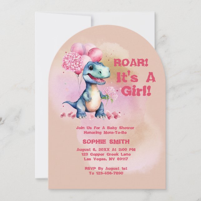 Invitación Roar es un rosa de dinosaurio bebé Chica T-Rex (Anverso)