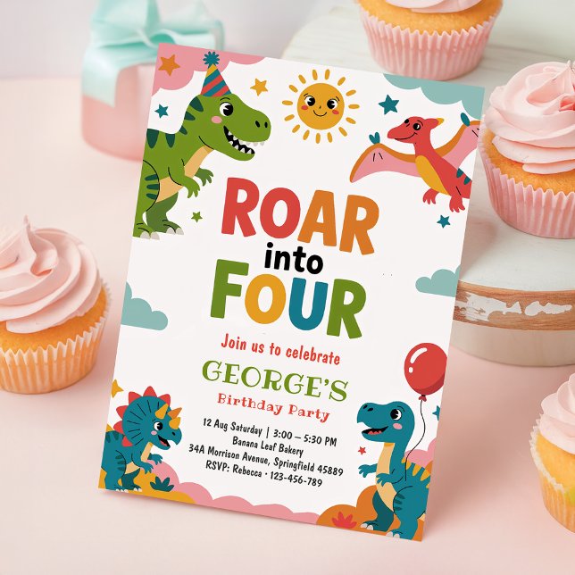 Invitación Roar Into Four Cute Dinosaurs 4th Birthday Party (Subido por el creador)