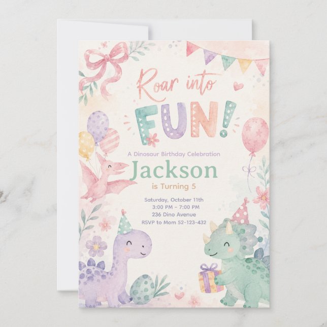 Invitación Roar Into Fun Dinosaur Invitation Editable (Anverso)