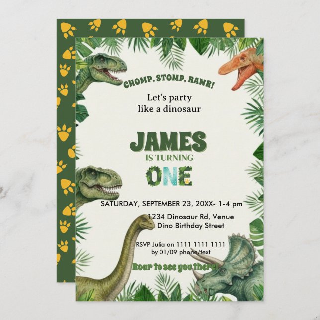 Invitación Roar-some Dinosaur 1st Birthday Invitation (Anverso / Reverso)