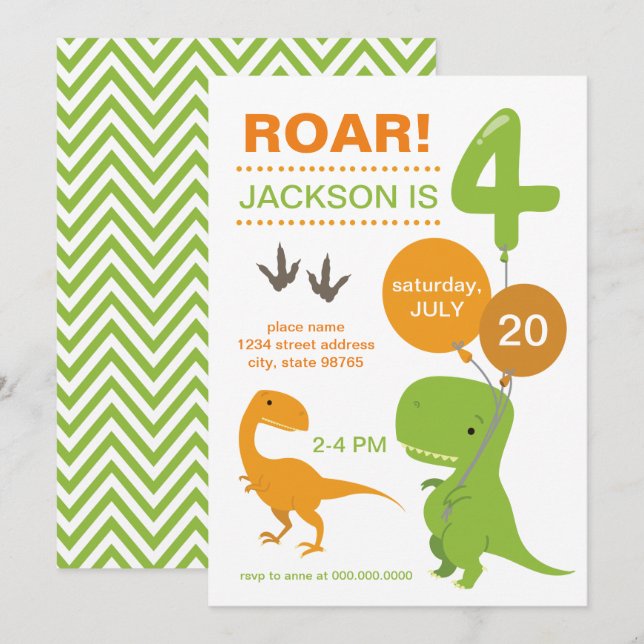 Invitación Roar, soy cuatro dinosaurios verdes por cuarto cum (Anverso / Reverso)