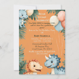 Invitación Roar Stomp Orange Little Dino Turning One Birthday